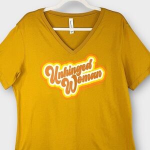 Unhinged Woman retro v-neck t-shirt XL vintage gold yellow Minocqua Brewing NWOT
